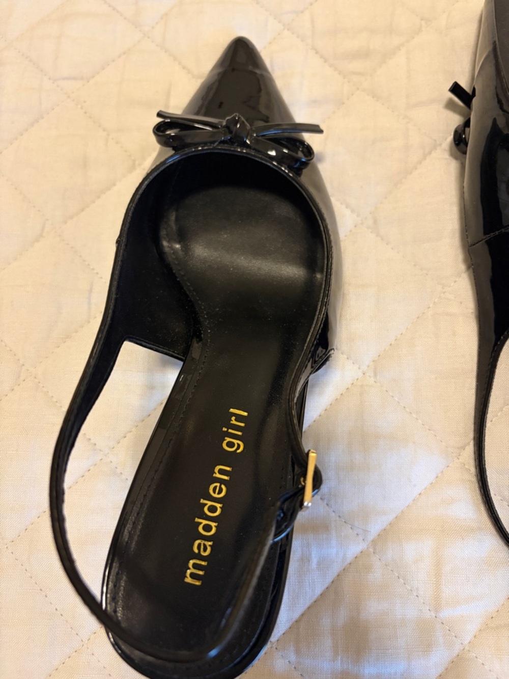 Madden Girl Black Patent Pointed Toe Slingback Pumps with Bow - Picture 4 of 5